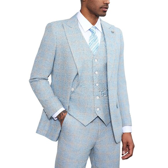 Baby Blue Windowpane 3 Piece Stacy Adams Suit - Picture 1 of 5